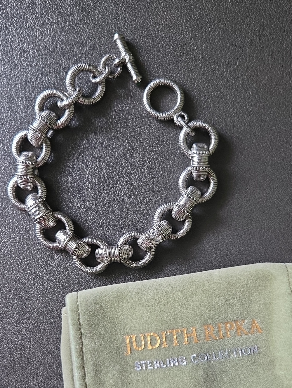 Judith Ripka Sterling Silver Diamonique CZ & Emerald Toggle Bracelet Size 7.5